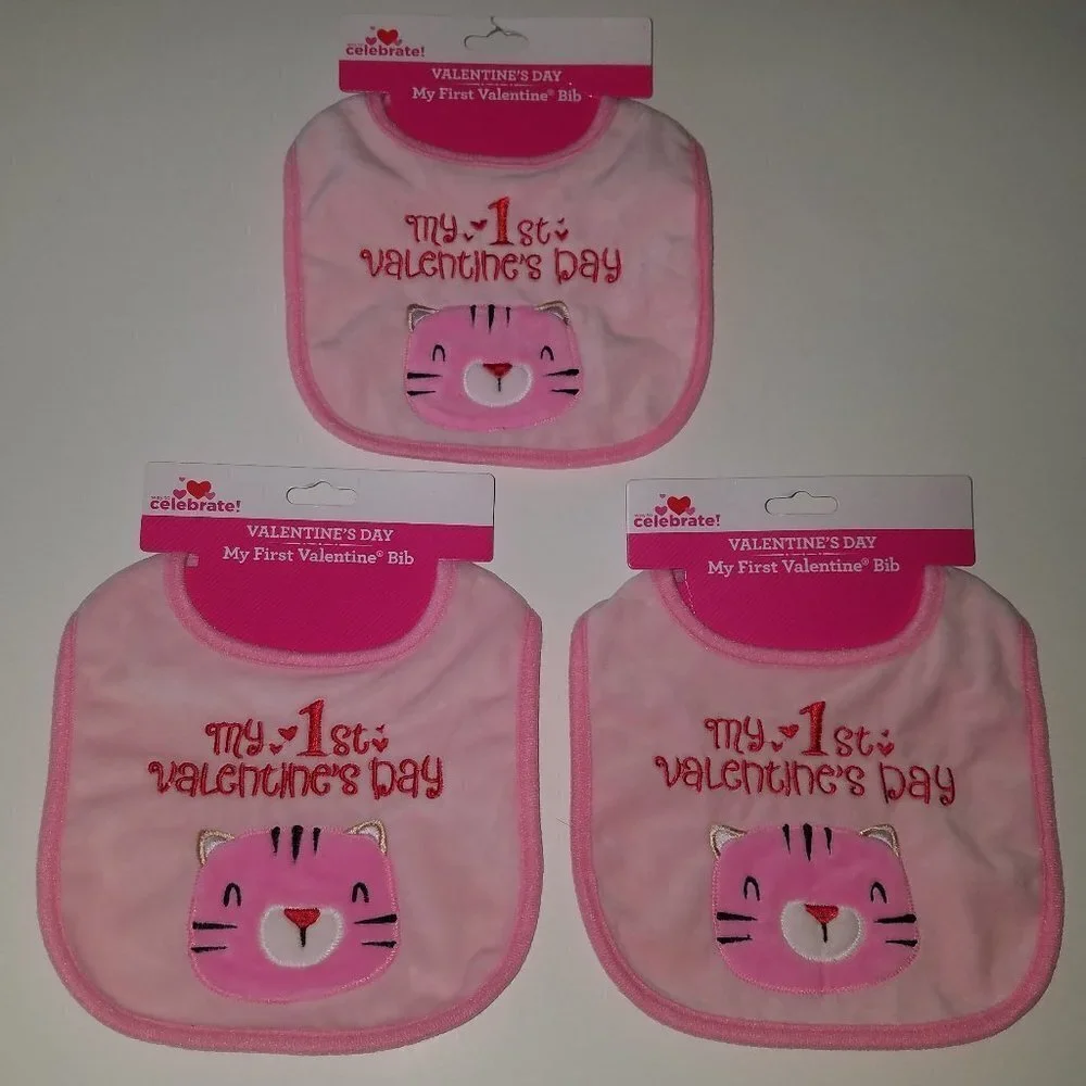 3 NEW My 1st Valentine's Day Pink Bibs Lot Baby Girl Kitty Holiday Gift